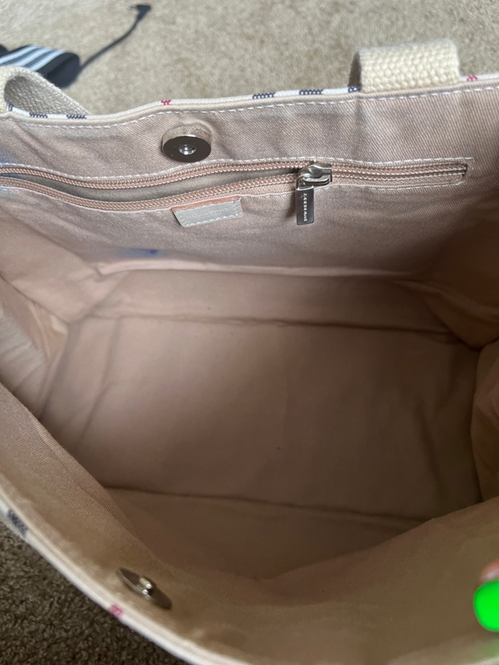 Beige Plaid Canvas Duffel with Navy and Burgundy Accent - Picture 2 of 9